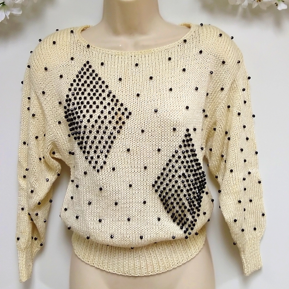 Stunning Cream Nannell Sweater covered with Black Beads S